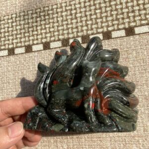 African bloodstone, nine-tailed fox, crystal carving.